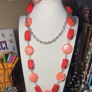 Red & Coral colored  Wood 🪵 & Shell 🐚 Geometric Necklace